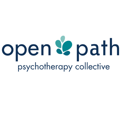 A green shirt with the words open path psychotherapy collective in blue.