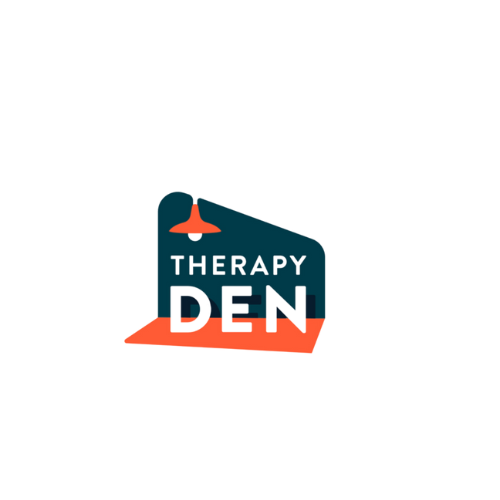 A green background with the words therapy den written in red.