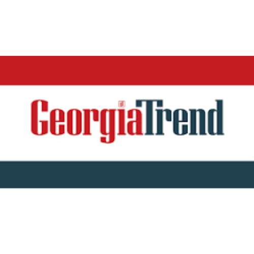 A green background with the words georgia trend in red, white and blue.